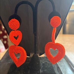 Valaha double the love, orange glass beaded double heart pierced earrings